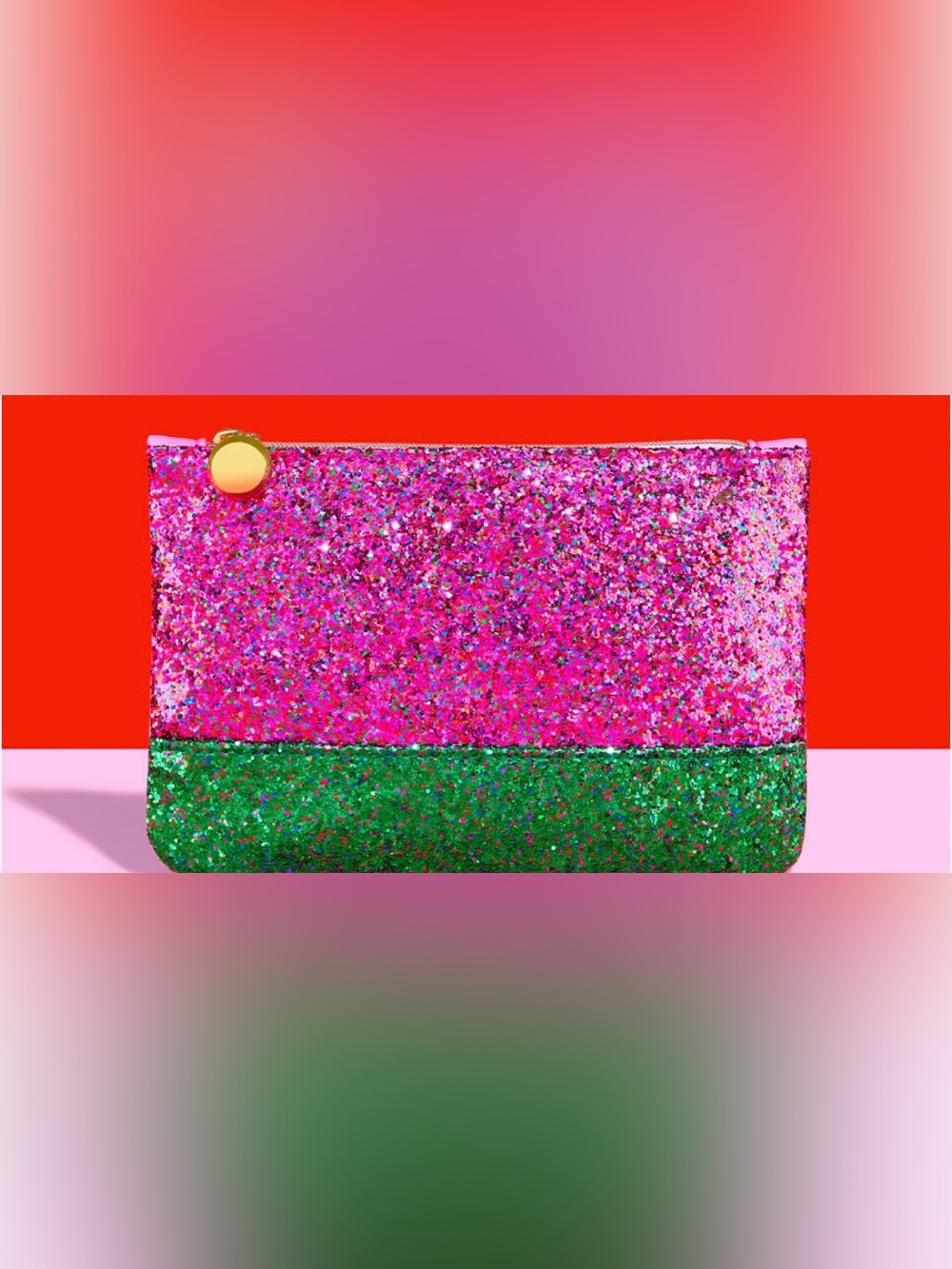 Sparkling pink and green cosmetics bag